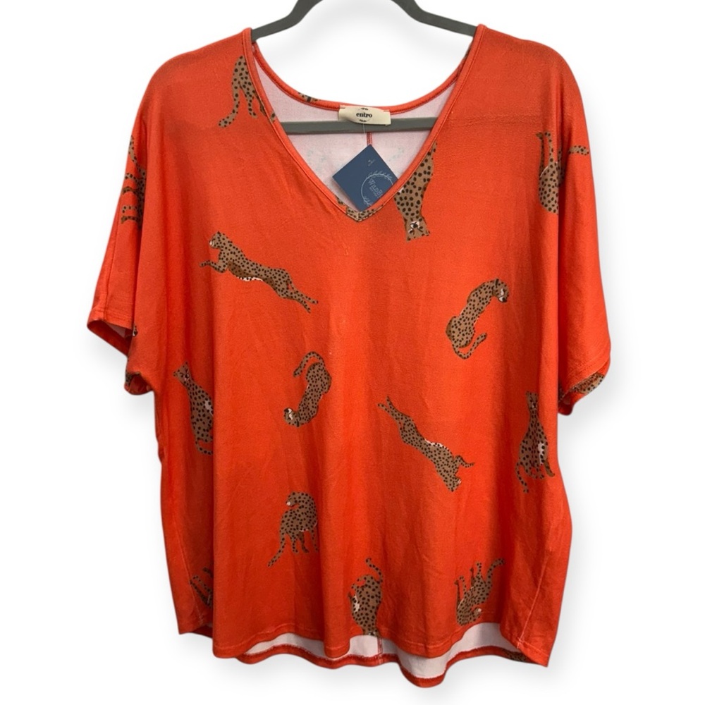 Entro Vivid Orange Leopard Print Blouse Size M *2220